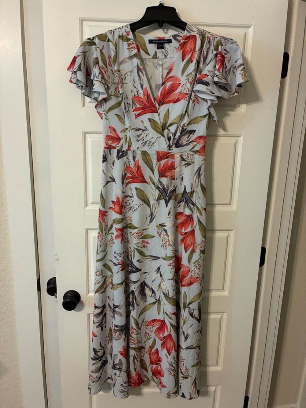 French Connection Pale Blue Maxi Dress with Red Floral Print